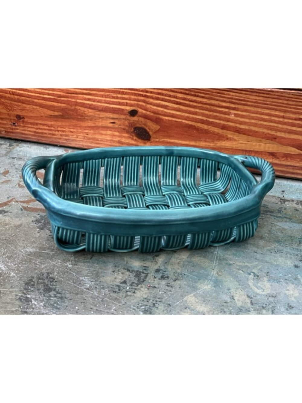 VTG Parmenter Woven Ceramic Basket Blue Teal Chunky Art Pottery Trinket Decor